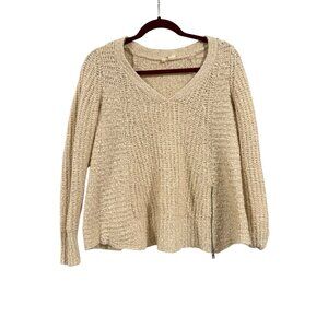 Anthropologie Moth Cream Marled Knit V-Neck‎ Sweater with Side Zipper Size S